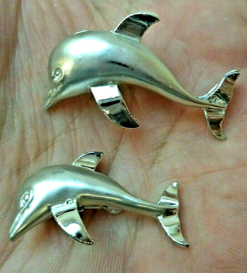 Vintage Signed Gerry's Silver Tone Dolphin Fish Brooch Pin Set Lot 1.5"
