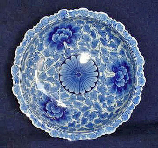 Bowls - Chrysanthemum Shallow Centerpiece Bowl - Blue & White Porcelain