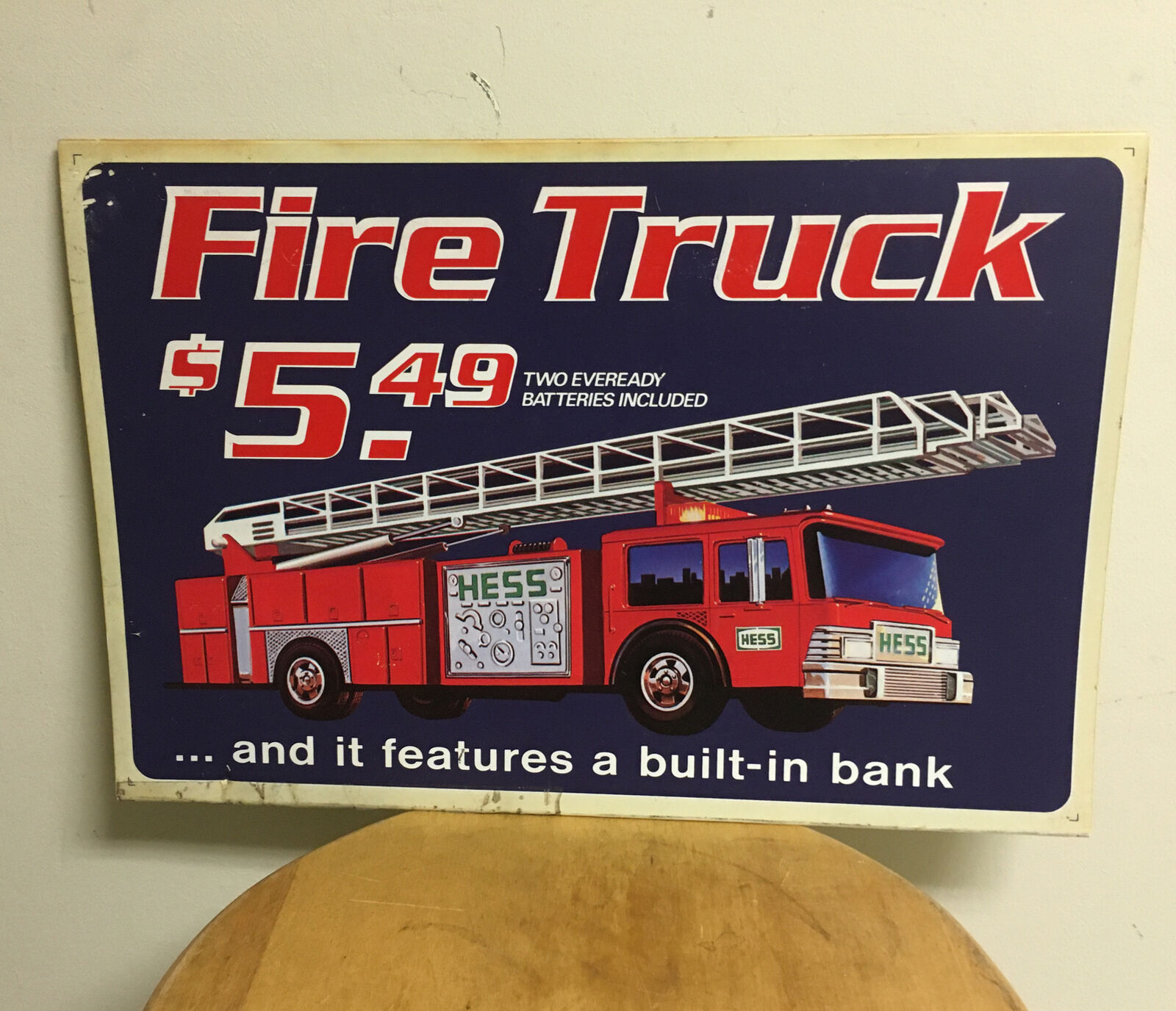 Rare Vtg Hess Trucks 1980s Red Fire Truck Plastic Sign Advertising Toy Firetruck