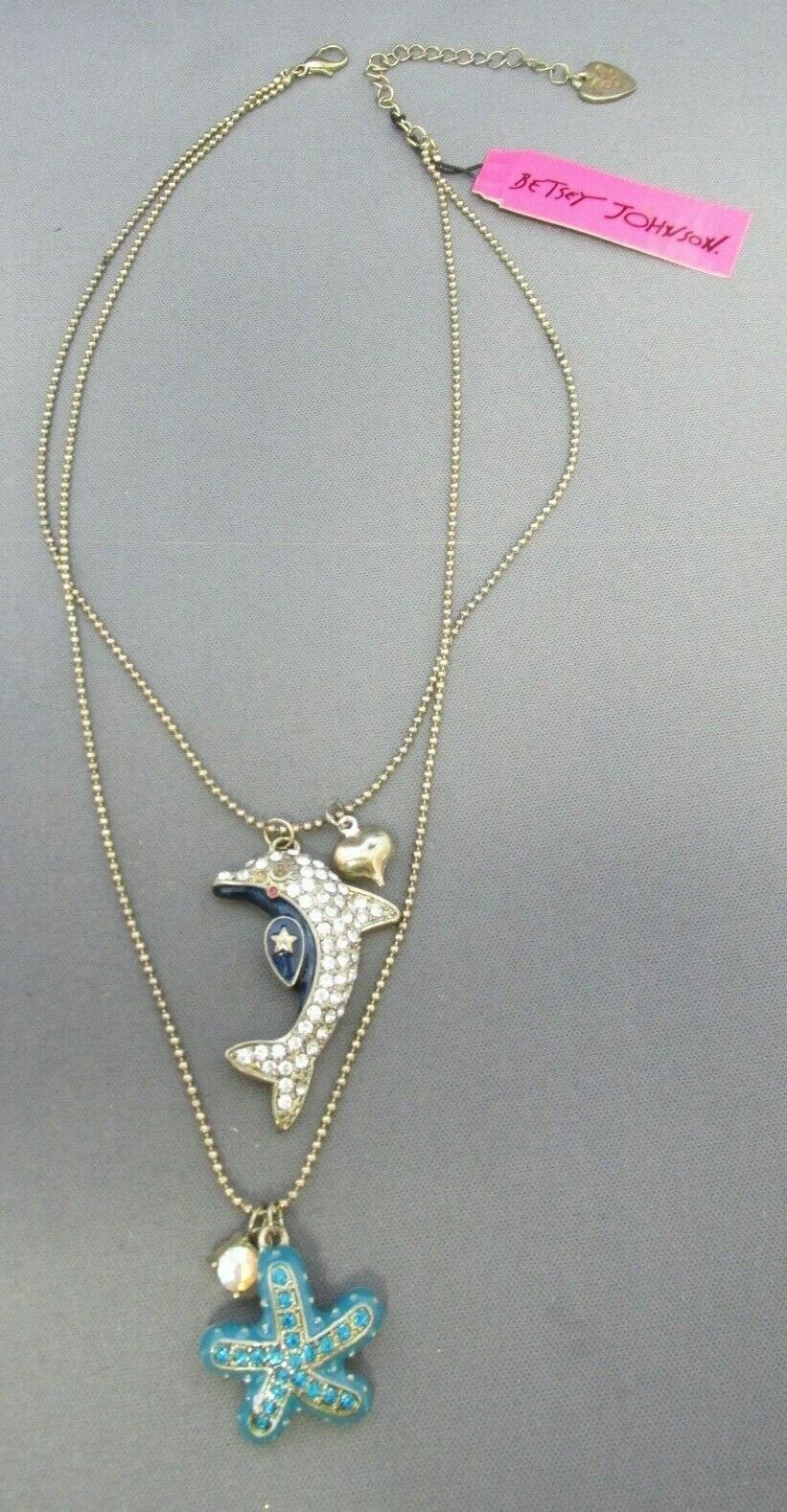 Vintage Betsey Johnson Bj Blue Enamel Rhinestone Star Dolphin Flower Necklace