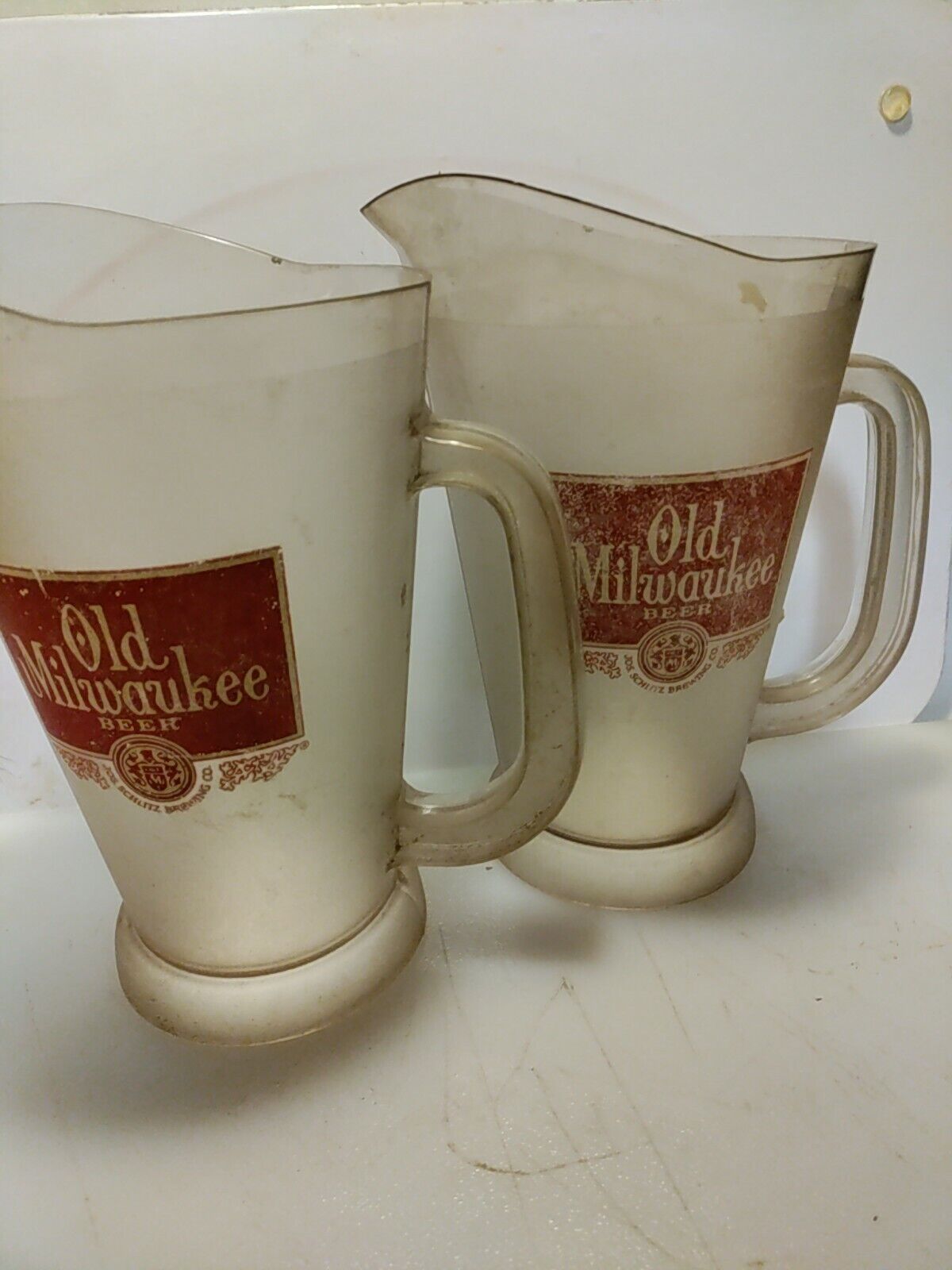 2 Vintage Old Milwaukee Plastic Beer Pitcher Barware