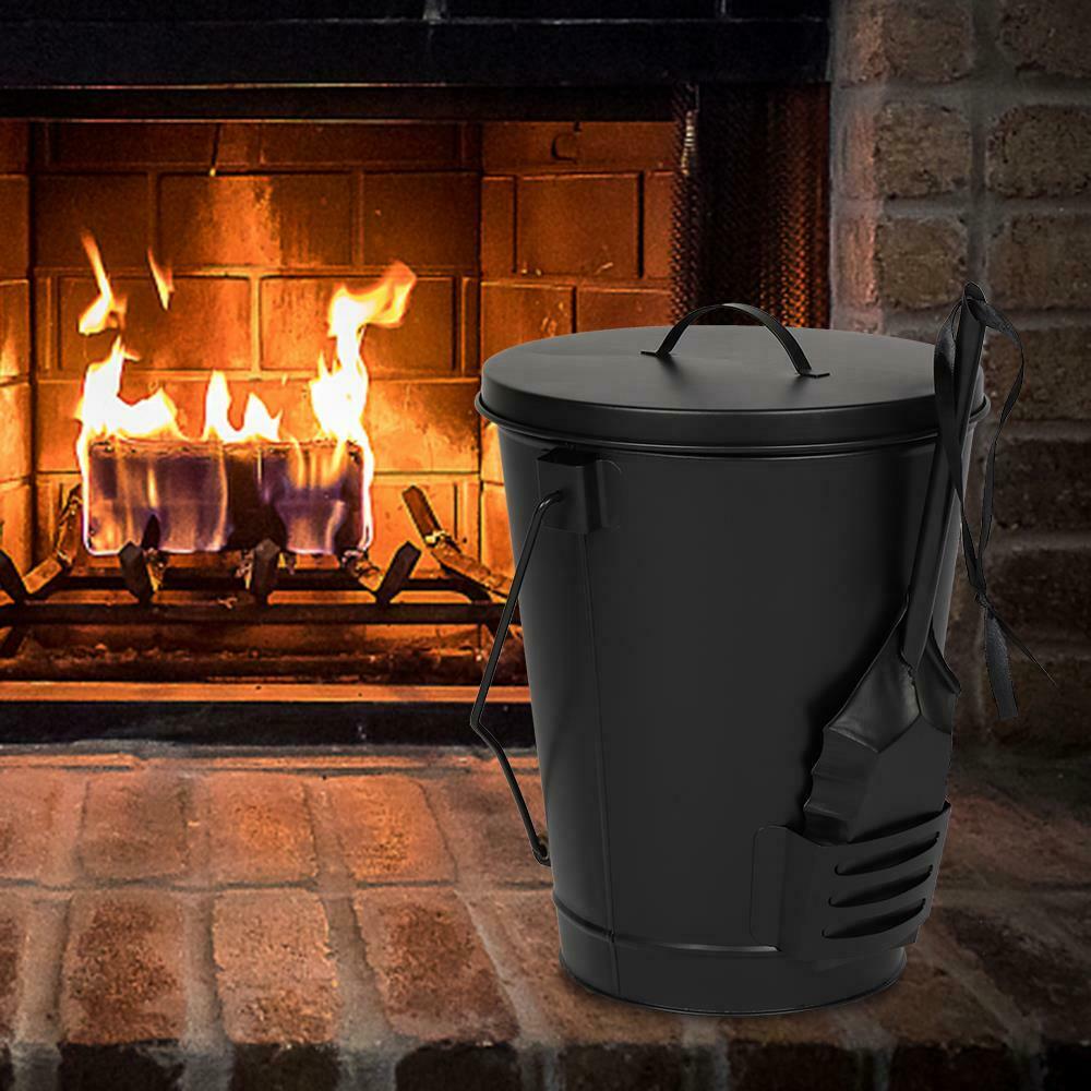 Black Metal Ash Bucket With Shovel Lid Handle For Fire Pits Wood Stove Fireplace