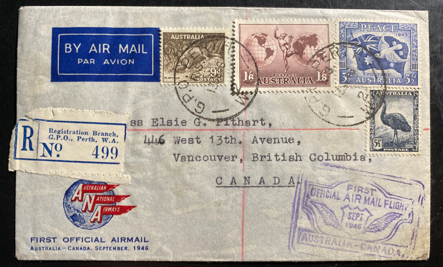 1946 Perth Australia First Flight Airmail Cover To Vancouver Canada Ana Airways