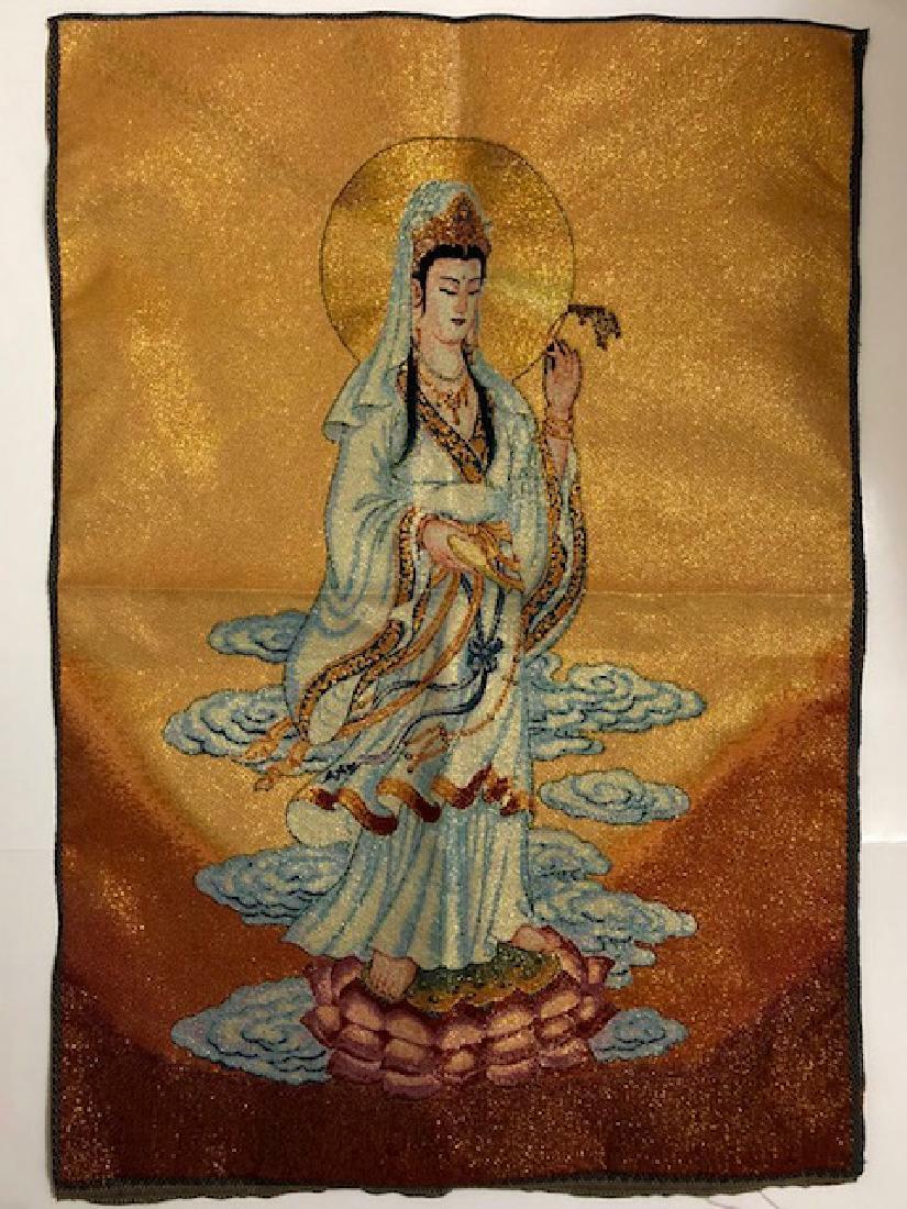 A Pair Of Beautiful Quan Yin  & Buddha Embroidered Silk Tapestry