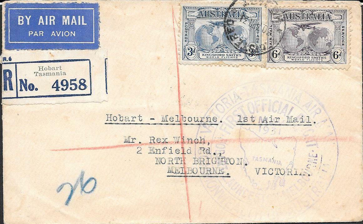 Australia 1931 Tasmania, Hobart To Melbourne First Flight Registered Cover