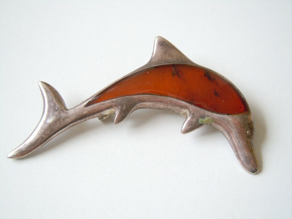 Beautiful Size 925 Silver Brooch With Honey Amber " Dolphin " 0.4oz/2 1/2x1 3/