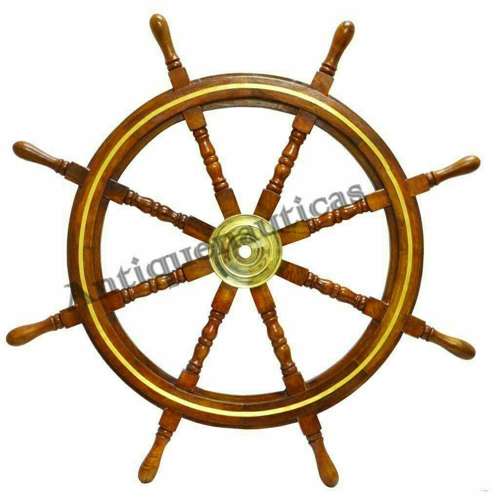 36" Brass Center Nautical Large Boat Ship Wooden Steering Wheel Wall Décor Gift