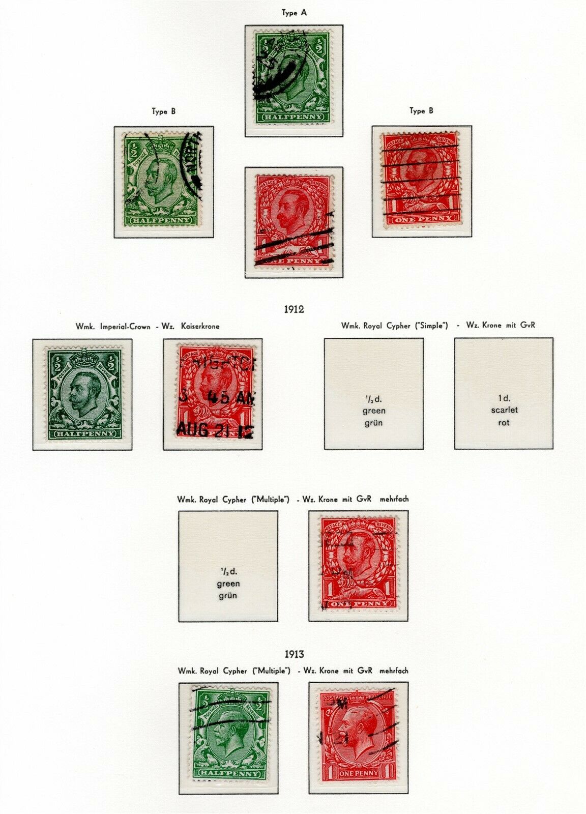 Great Britain Stamps Sc #151//158b, 1911-1912, King Edward Vii, Lh, Scv$110