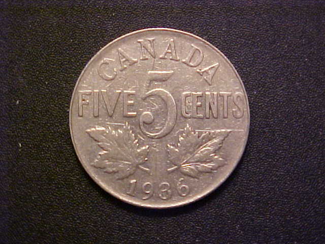 1936 Canada 5 Cents - Very Nice Circ Collector Coin! -d4694xcx