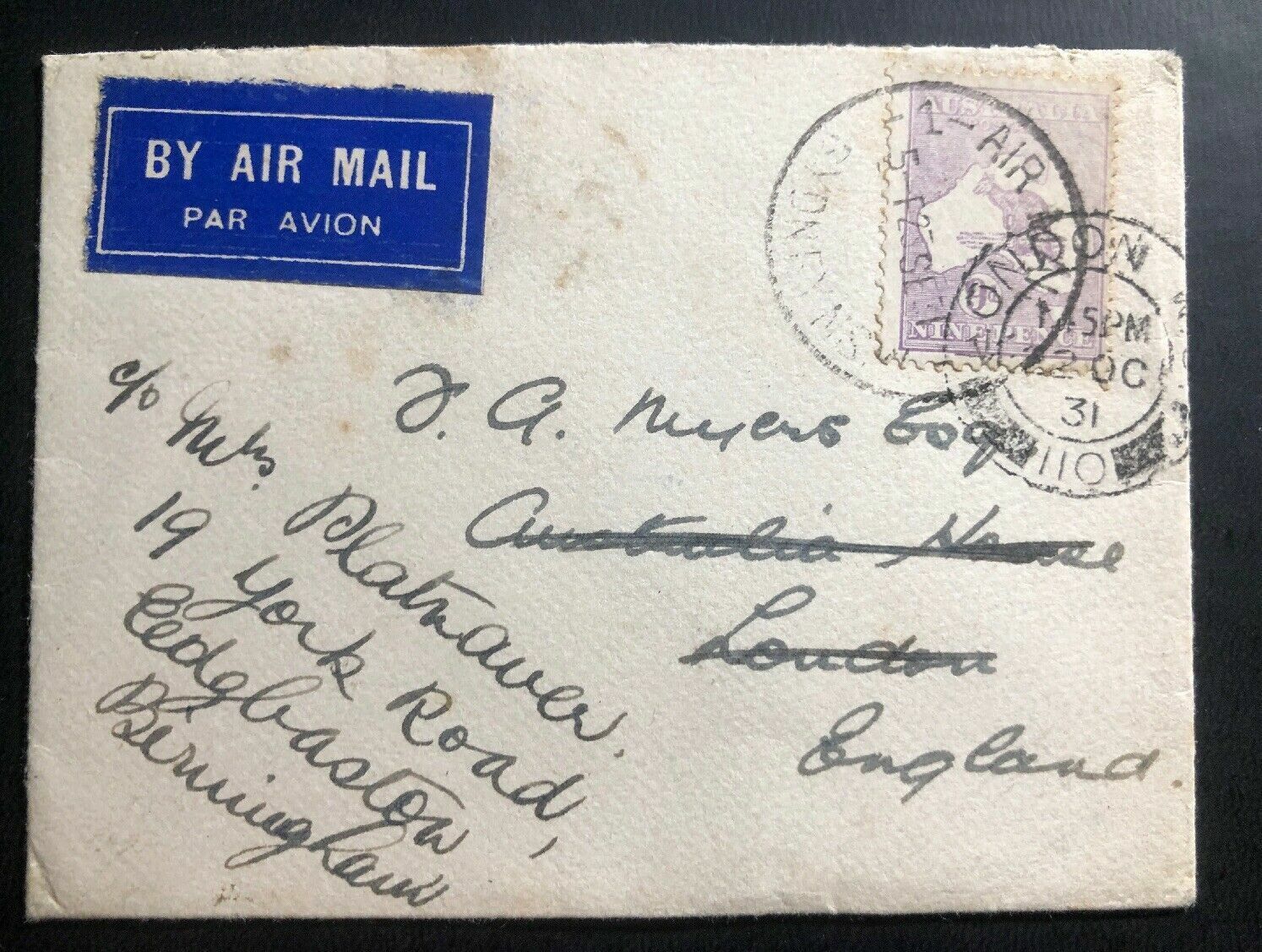1931 Sydney Australia Commercial Airmail Cover To London England Ana Airways