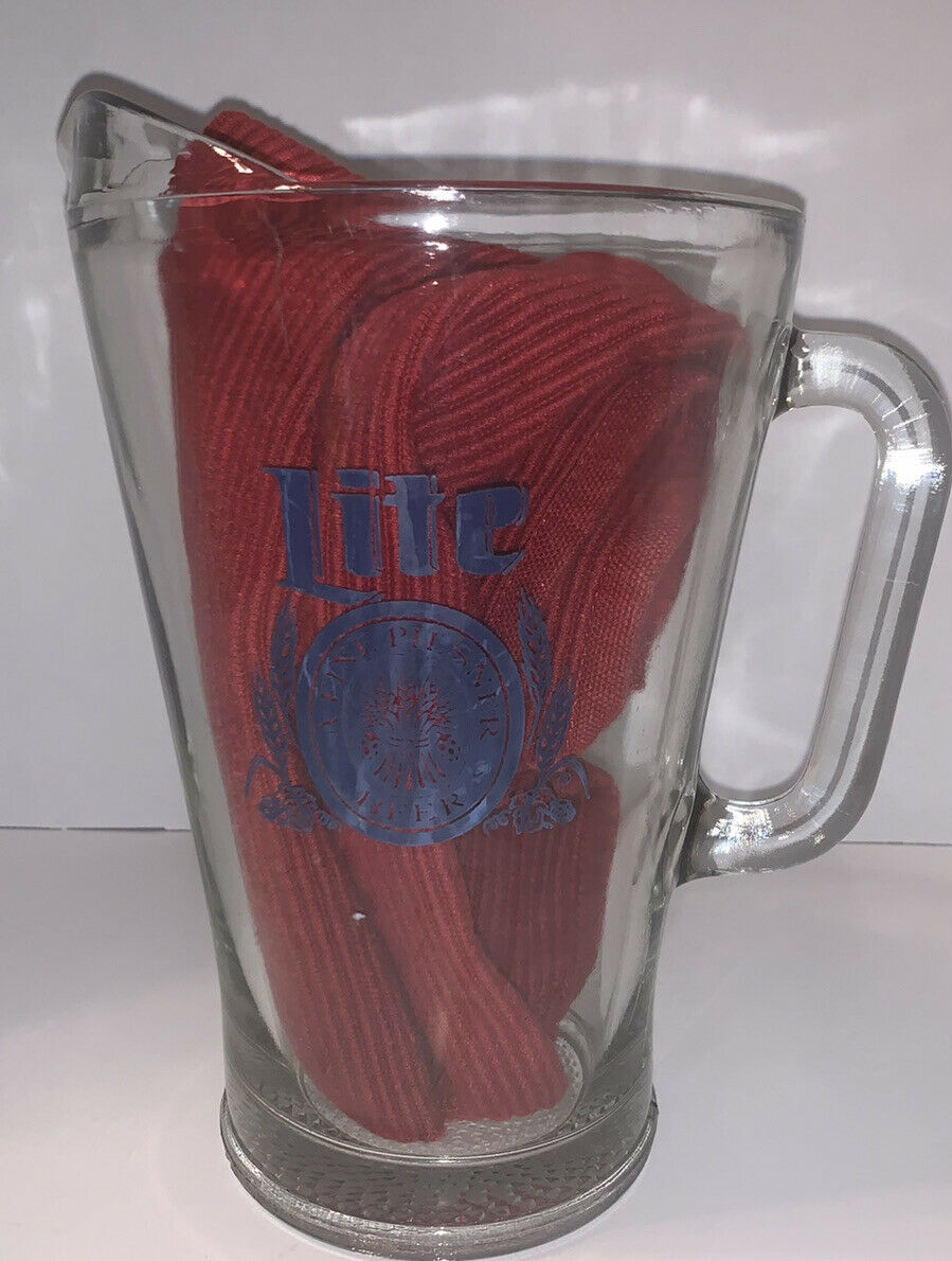 Vintage Miller Lite Heavy Glass Beer Pitcher Advertising Pilsner On Both Sides