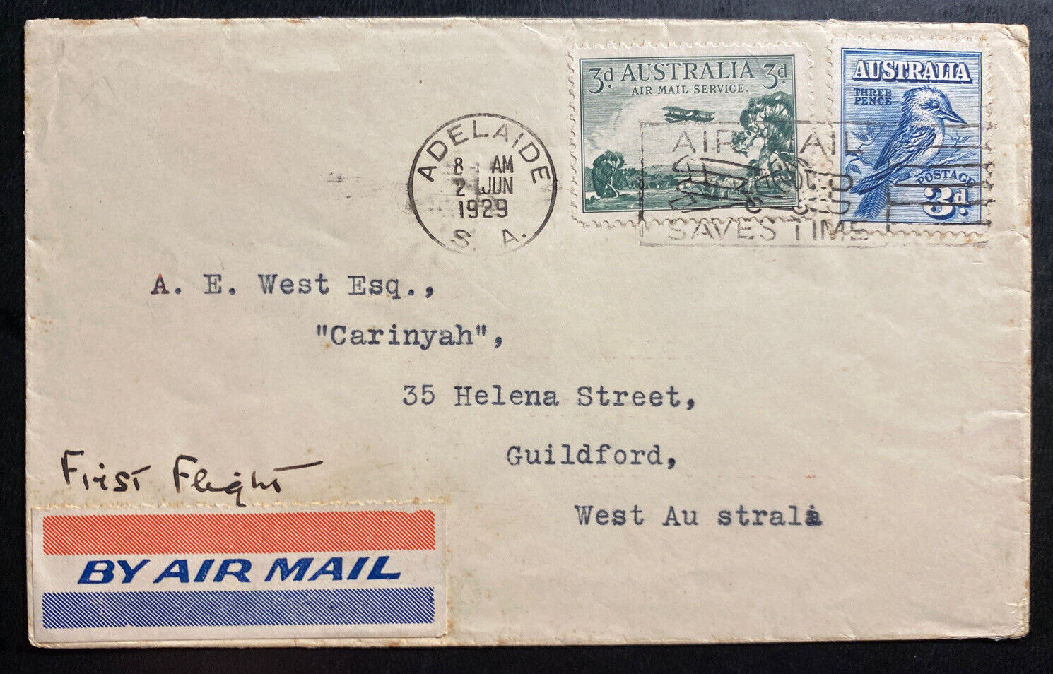 1929 Adelaide Australia Ffc First Flight Airmail Cover To Guildford