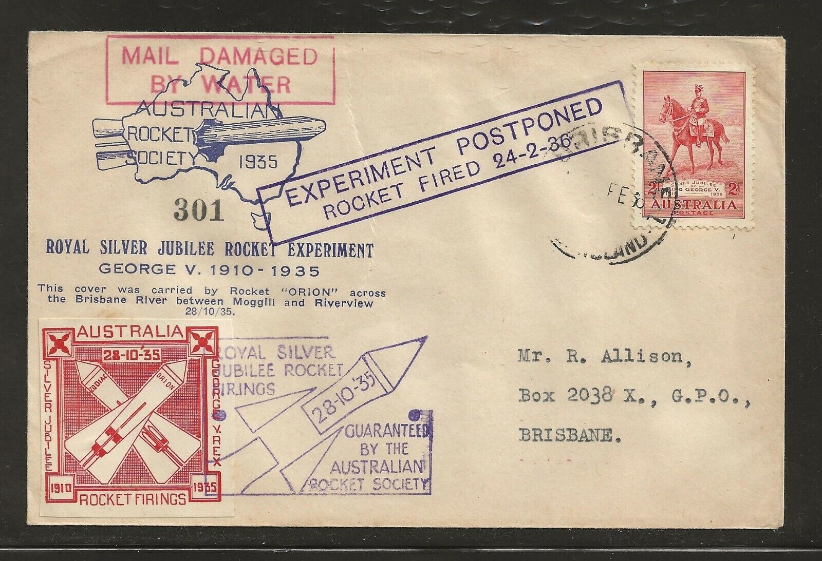 1936 Australia Rocket Mail Crash Cover - Orion Silver Jubilee - Ez 5c1