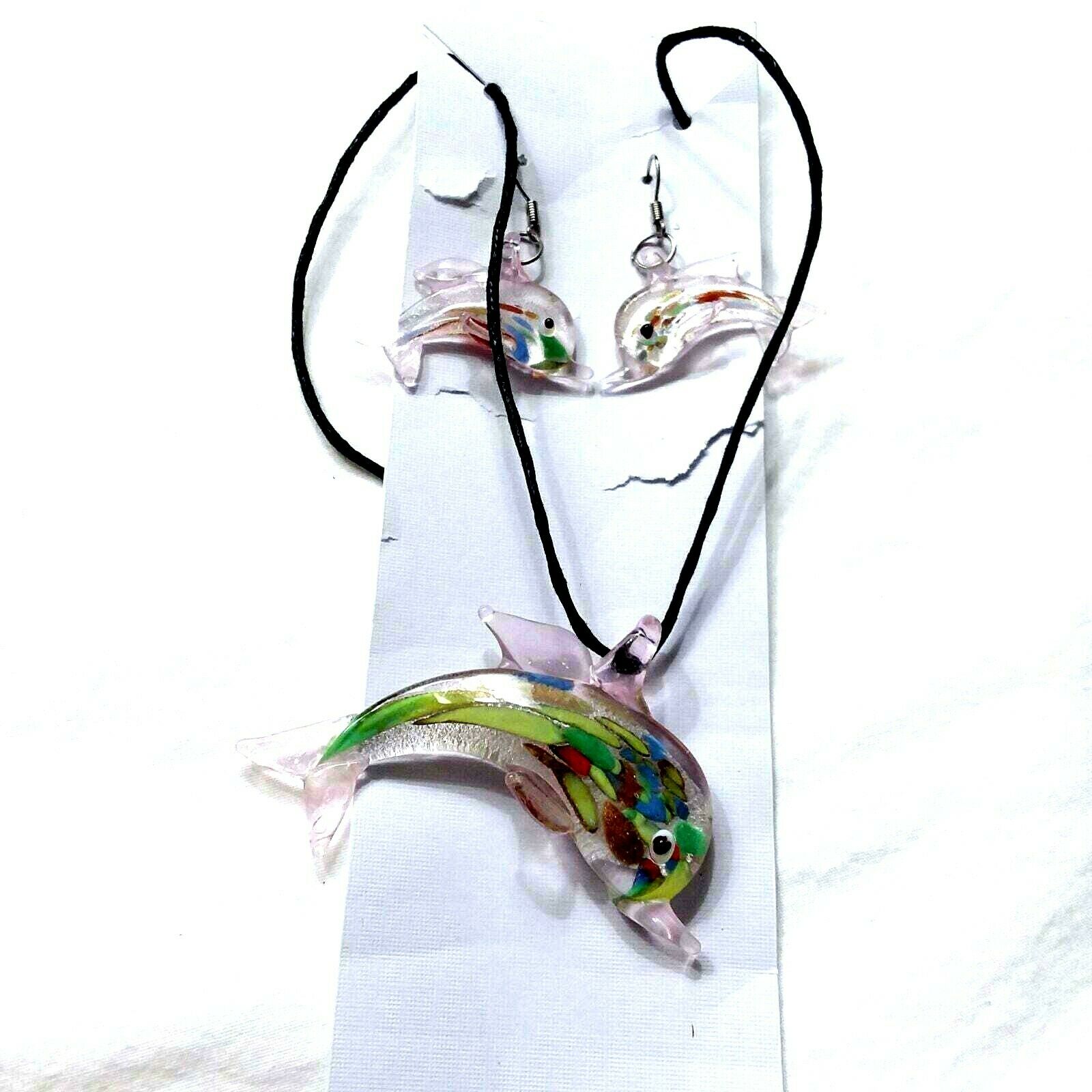 X50 Art Glass Dolphin Jewelry Set Necklace Earrings