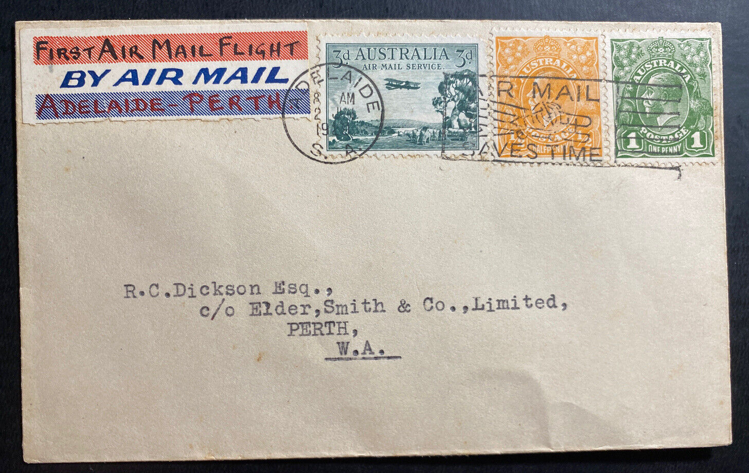 1929 Adelaide Australia Ffc First Flight Airmail Cover To Perth Wa