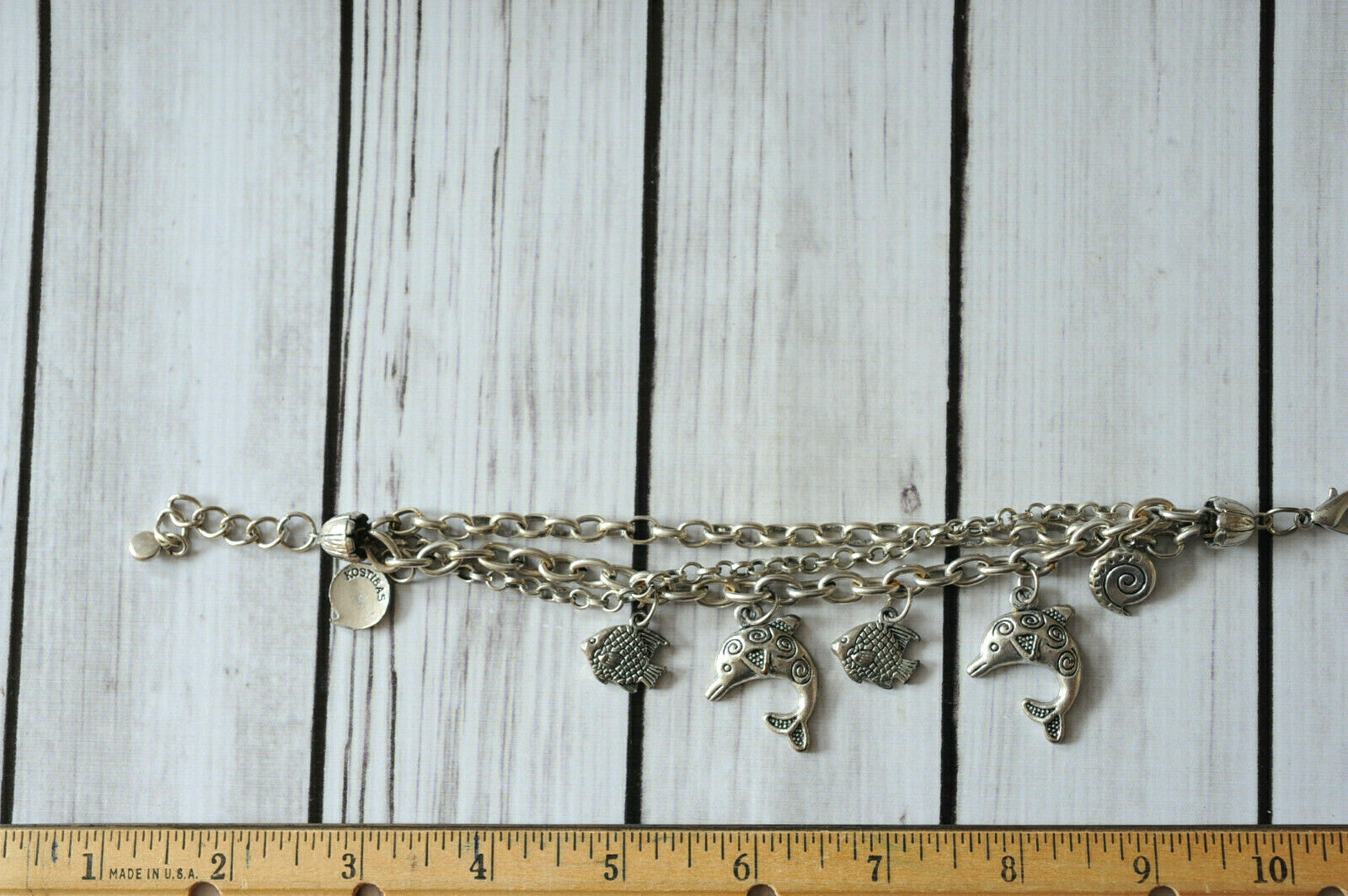 Vintage Signed Chunky Dolphin Charm Chain Bracelet In Silver Tone