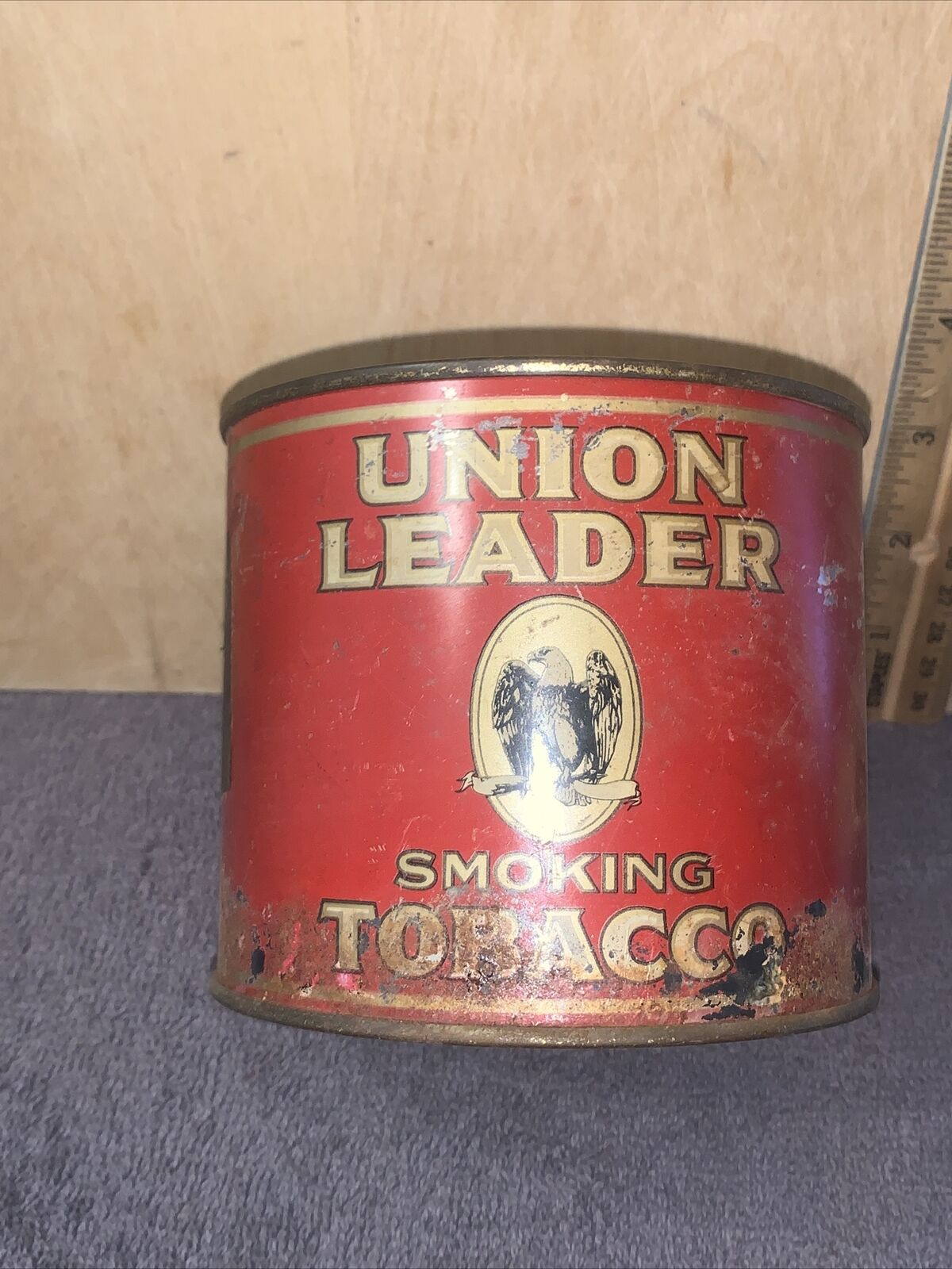 Union Leader Tobacco Tin With Lid 3.75 High Display Tin Rusty Nostalgia