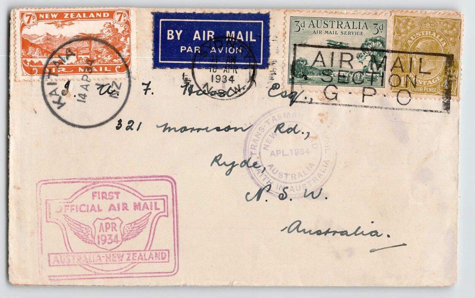Australia To New Zealand First Flight Cover, 1934, C3, C1, 73, Sydney, Auckland