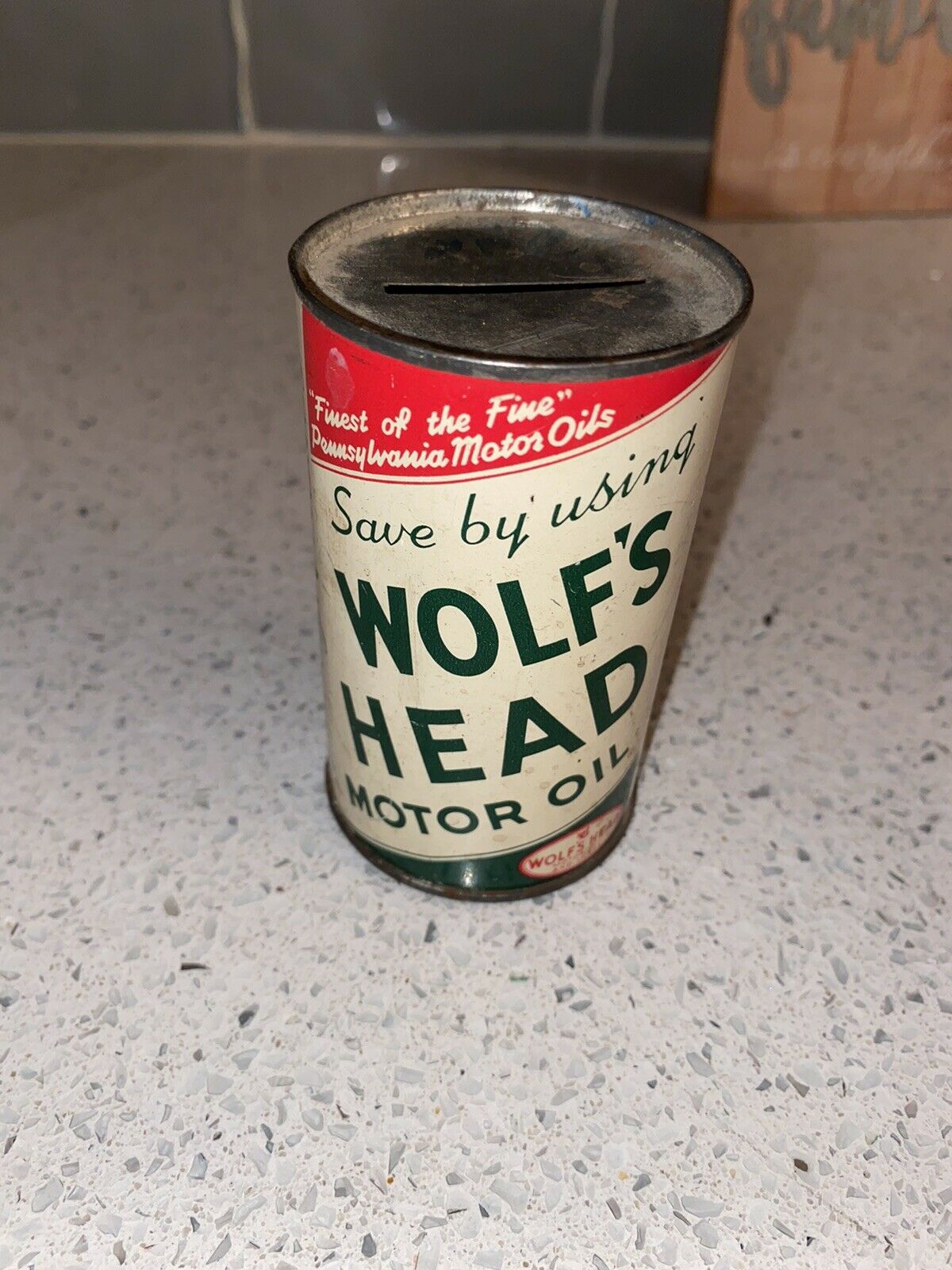 Vintage Wolf's Head Motor Oil Bank Can Advertising