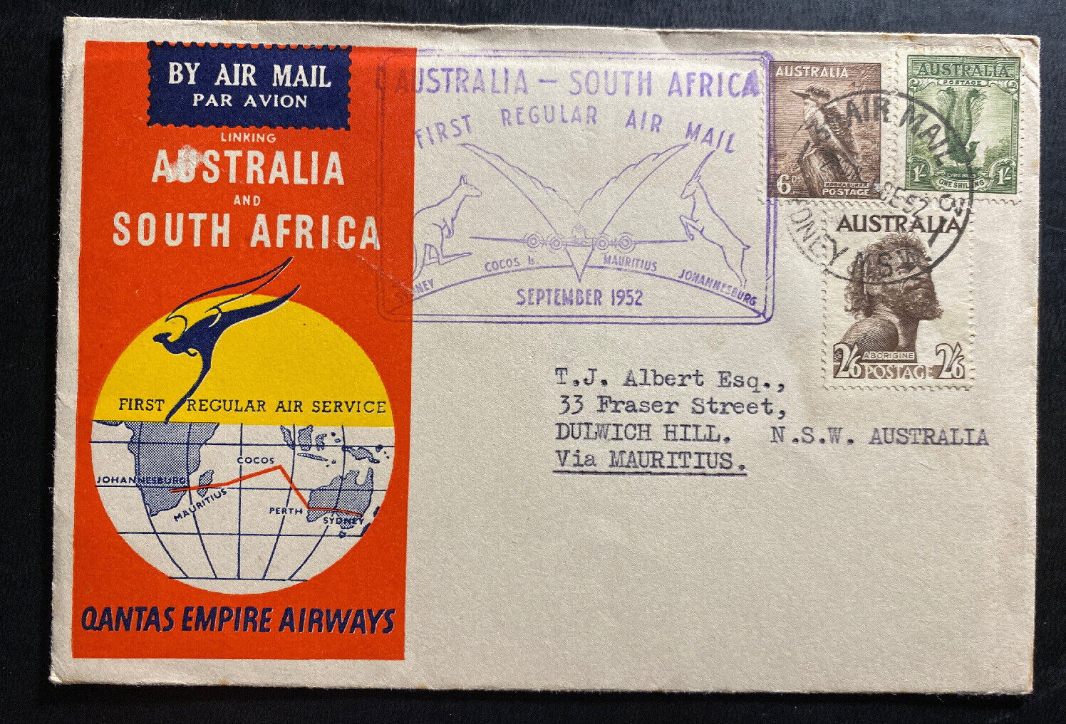 1952 Sydney Australia First Flight Airmail Cover Ffc To Dulwich Hill Qantas