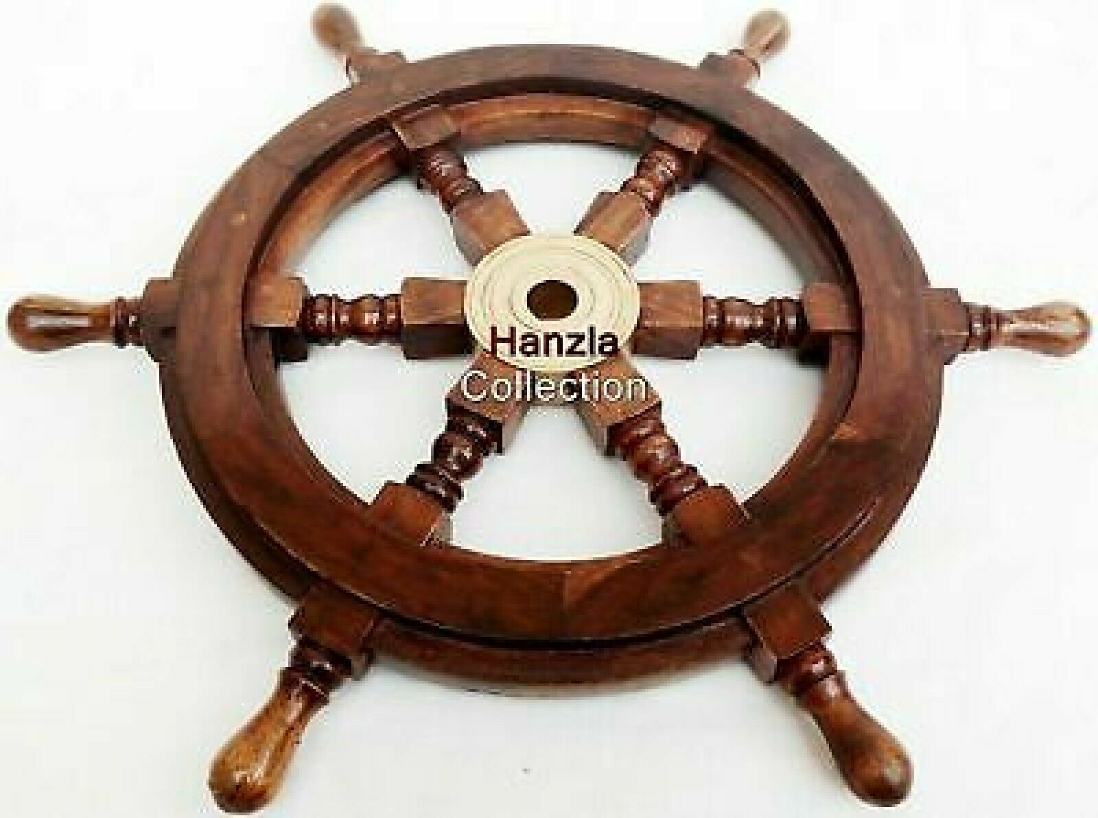18" Brass Ship Steering Wheel Pirate Wooden Nautical Wood Wall Boat Décor Gift