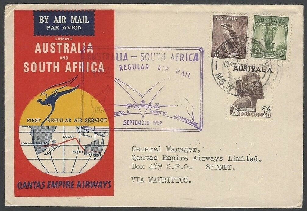 Australia 1952 Qantas Empire Airways First Flight Cover Ffc To Mauritius & Sa