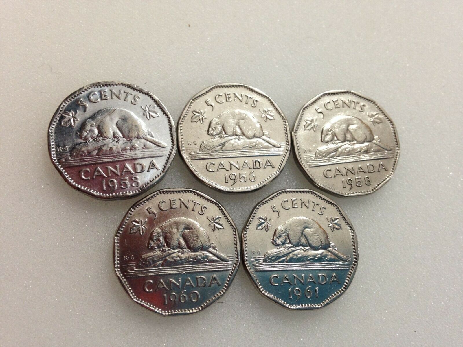 1953,1956, 1958, 1960, 1961 Canadian Nickel 5 Cents Circulated