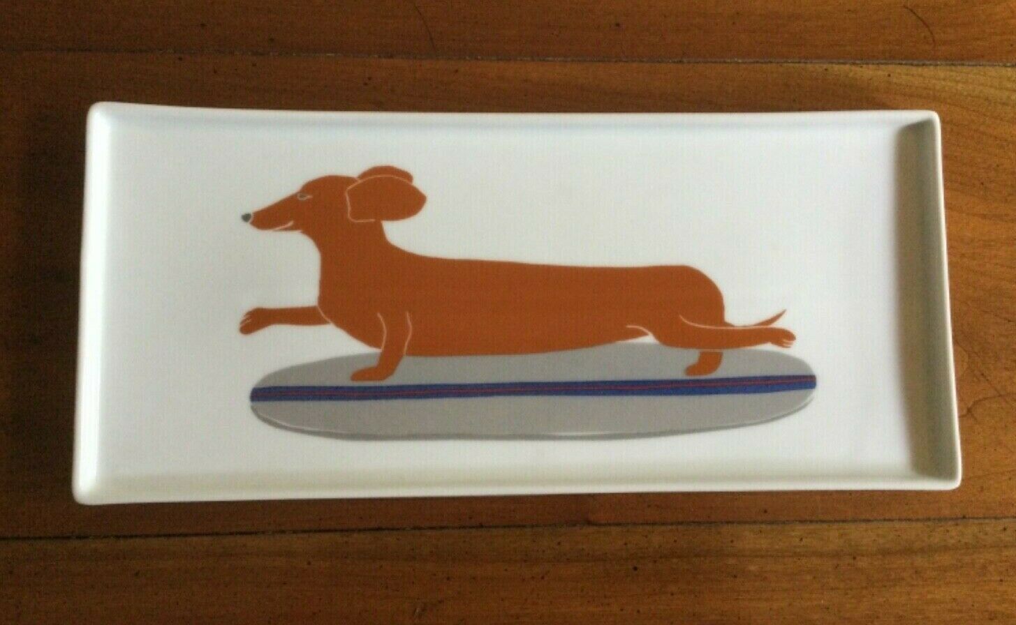 Claudia Pearson Wiener Dog Trinket Tray Plate West Elm Dachshund On Surfboard!